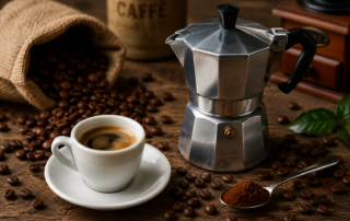 Moka italiana tradizionale con caffè appena preparato e chicchi di caffè su tavolo in legno