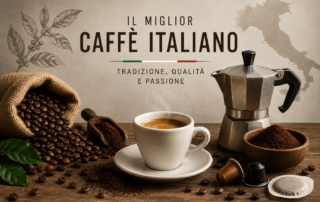 Selezione di caffè italiano con espresso, chicchi tostati e diverse miscele rappresentative della tradizione italiana del caffè