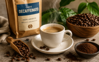 Tazzina di caffè decaffeinato con chicchi di caffè e miscela macinata su tavolo, simbolo del caffè senza caffeina