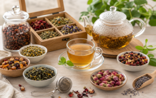 Infusi sfusi con frutta, fiori, erbe aromatiche e teiera in vetro per preparare un infuso naturale
