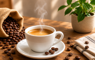 Tazzina di caffè espresso con crema e chicchi di caffè su un tavolo in legno, immagine dell'articolo sul perché il caffè può stimolare l'intestino