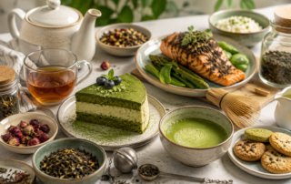 Tè in cucina con matcha, tè sfuso, dolci, salmone e ingredienti per ricette dolci e salate