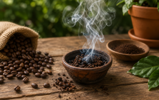Caffè contro le mosche con caffè macinato bruciato e fumante