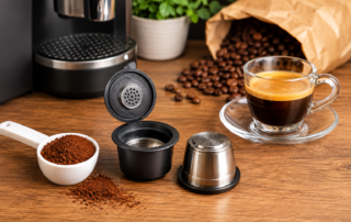 Capsule riutilizzabili per caffè con caffè macinato e tazzina di espresso