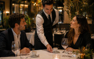 cameriere serve caffè espresso a una coppia in ristorante a Genova