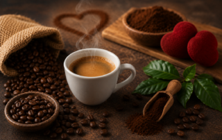 Tazzina di caffè espresso con chicchi e simboli romantici che rappresentano il rapporto tra caffeina, energia e benessere sessuale