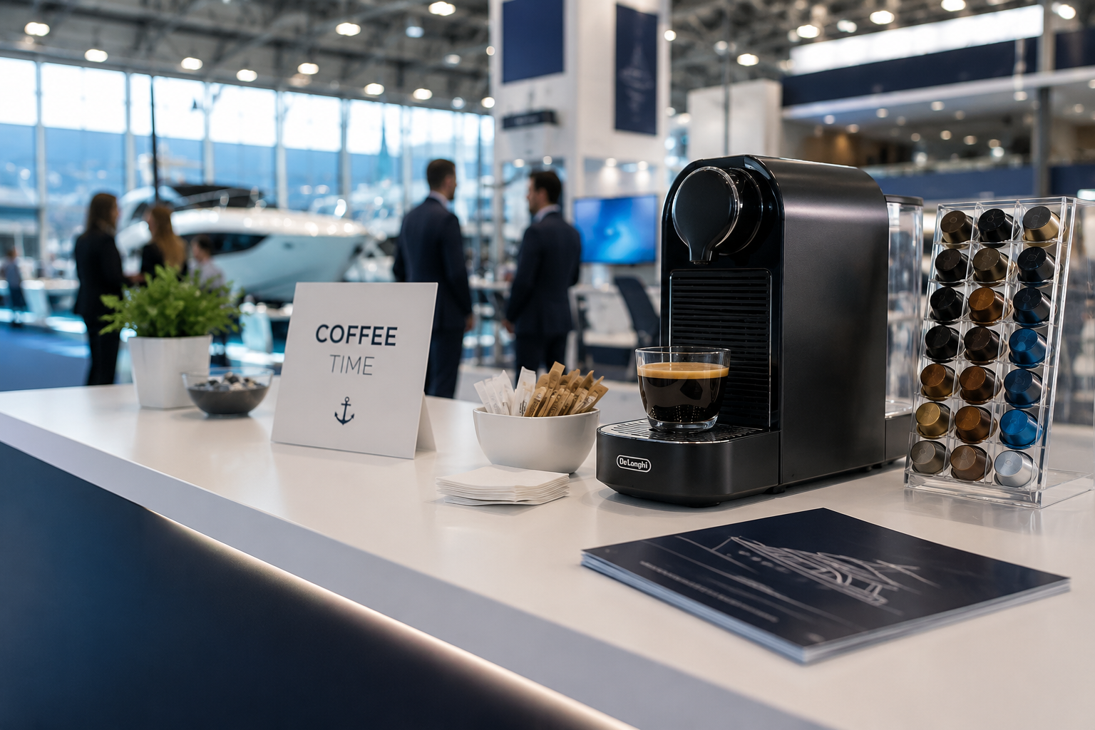 Macchina da caffè e capsule in uno stand al Salone Nautico di Genova