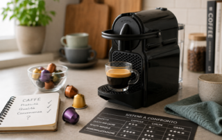 Macchina Nespresso Inissia con capsule e caffè espresso, confronto tra capsule, cialde e caffè in grani