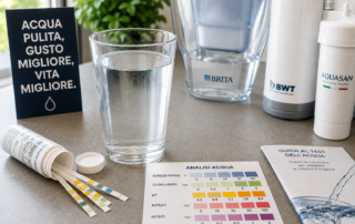 Kit per il test dell'acqua del rubinetto con strisce reattive, bicchiere d'acqua e sistemi di filtrazione per analizzare la qualità dell'acqua domestica