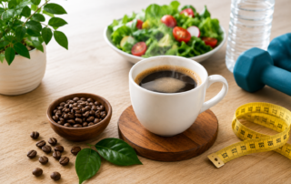 Tazza di caffè con chicchi, metro da sarta, insalata e pesi che rappresentano il rapporto tra caffè, metabolismo e dimagrimento