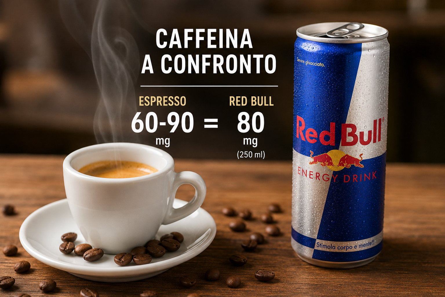 Confronto tra una tazzina di caffè espresso e una lattina di Red Bull con la quantità di caffeina espressa in milligrammi