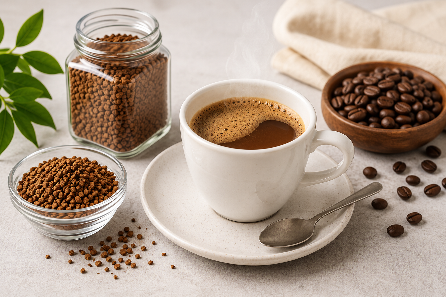 Tazza di caffè solubile appena preparato con cucchiaino, granuli di caffè istantaneo e chicchi di caffè su sfondo chiaro