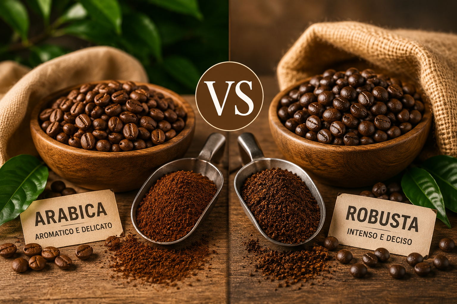 Confronto tra chicchi di caffè Arabica e Robusta con espresso in tazza, per evidenziare le differenze tra aroma, corpo e contenuto di caffeina
