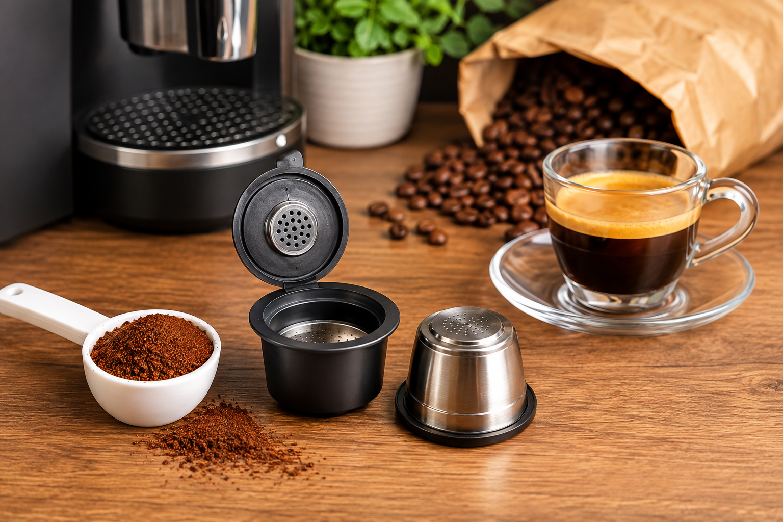 Capsule riutilizzabili per caffè con caffè macinato e tazzina di espresso