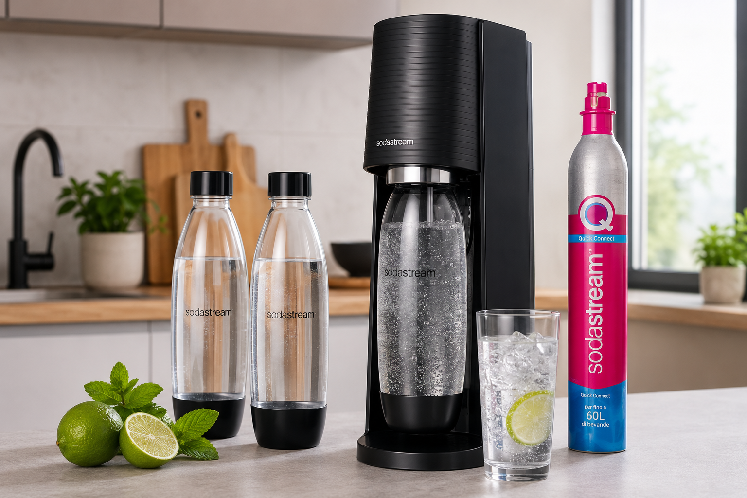 Gasatore d'acqua Sodastream con bombola CO2, bottiglie riutilizzabili e acqua frizzante preparata in casa