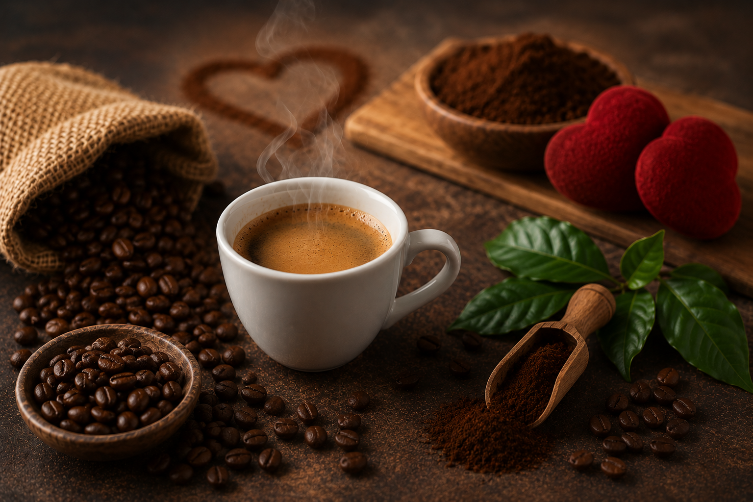 Tazzina di caffè espresso con chicchi e simboli romantici che rappresentano il rapporto tra caffeina, energia e benessere sessuale